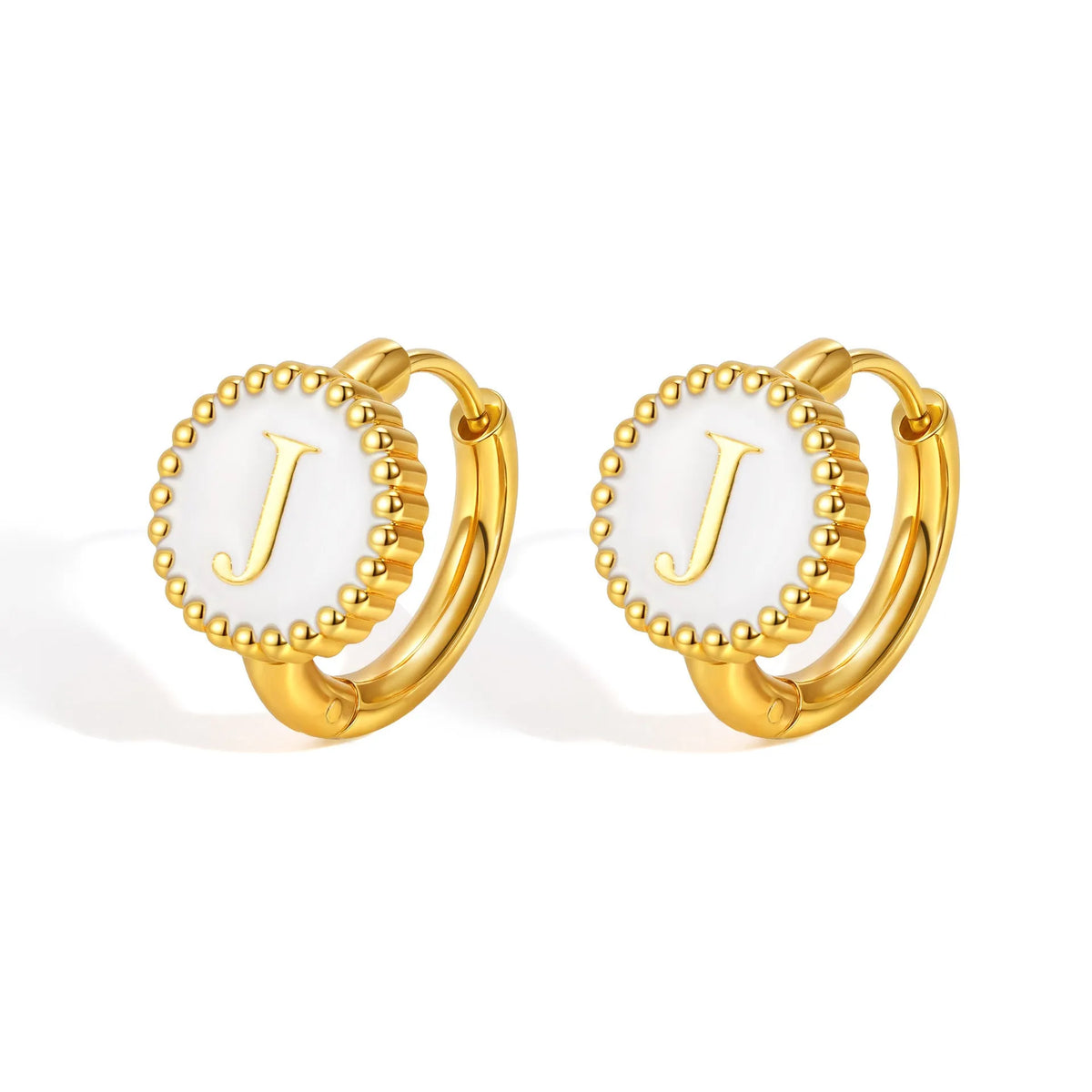 Round gold-tone letter earrings for women in stainless steel with electroplated finish, available in letters A to Z