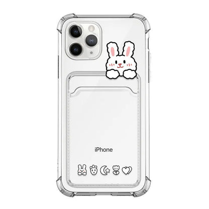 Cartoon design transparent iPhone case with card holder slots showing 2 cards stored