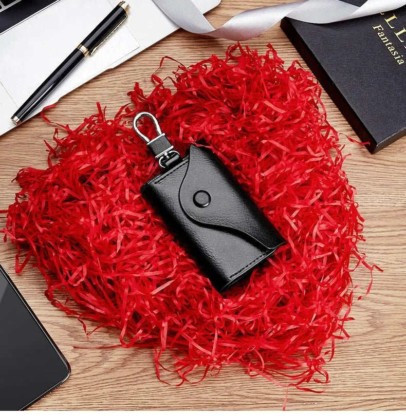 Genuine leather keychain card holder in square vertical design with internal key mapping structure