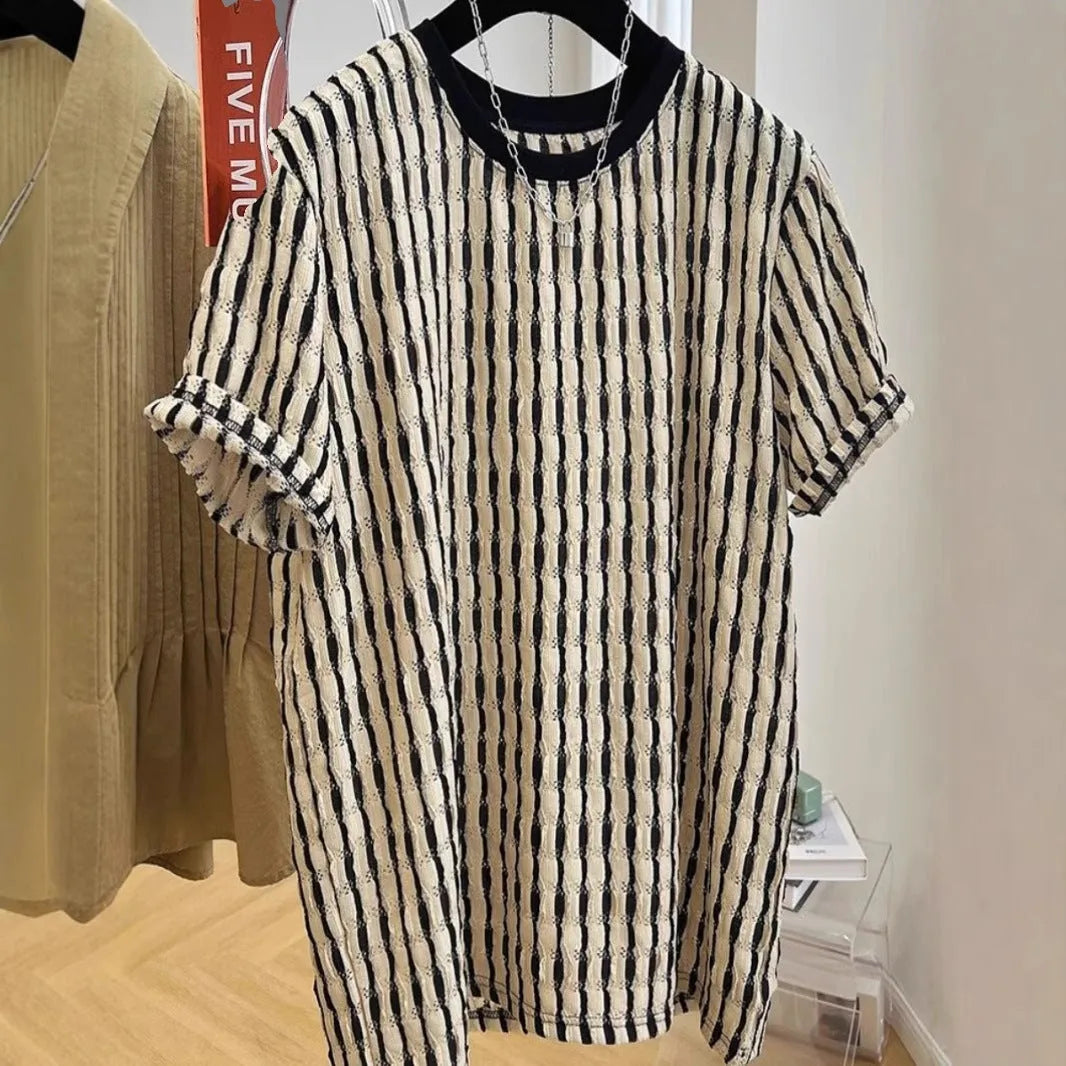Black striped men's loose-fit short-sleeve casual shirt made from silk and linen blend fabric