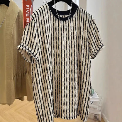 Black striped men's loose-fit short-sleeve casual shirt made from silk and linen blend fabric