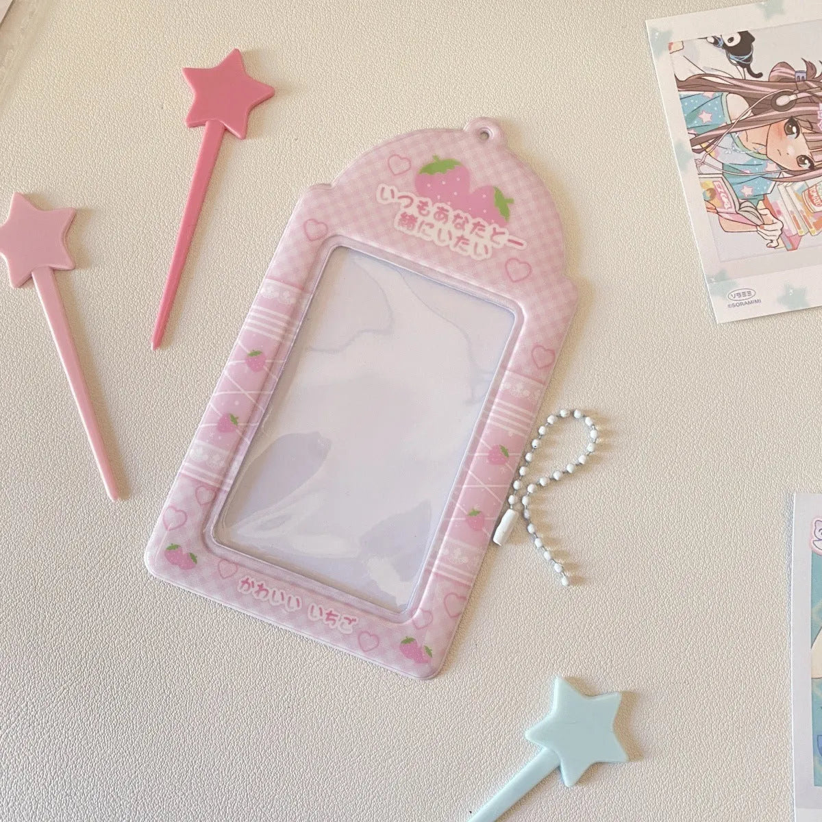 PVC cartoon meal card holder with clear sleeve, strawberry or four-leaf clover design, 7.6x13.6cm