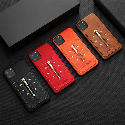 Black PU leather zipper phone case for iPhone, shown with the zipper open.
