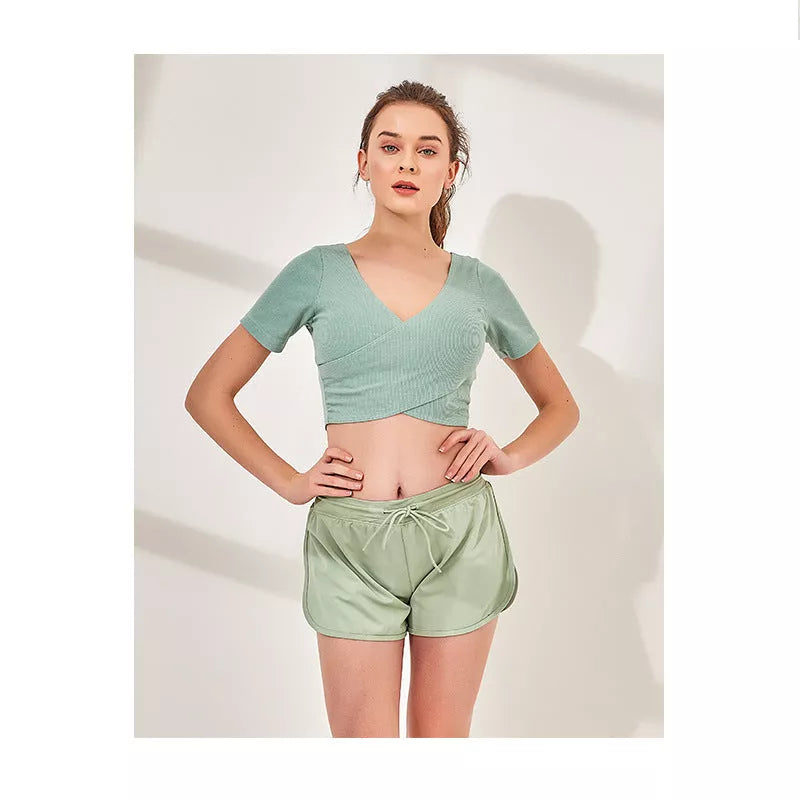 Breathable cotton sports running yoga clothes in water green, smoke pink, and navy blue