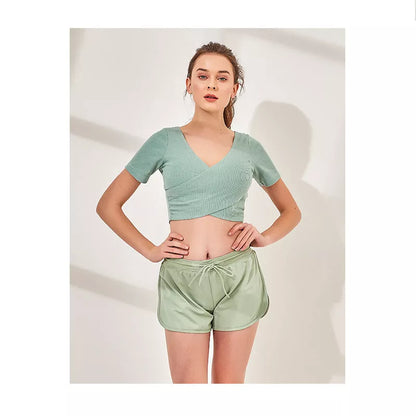Breathable cotton sports running yoga clothes in water green, smoke pink, and navy blue