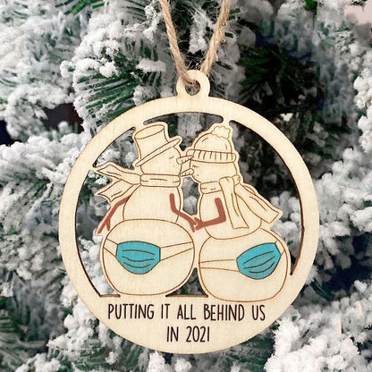 Laser-cut wooden Christmas tree pendant with lovers, snowman, and deer designs