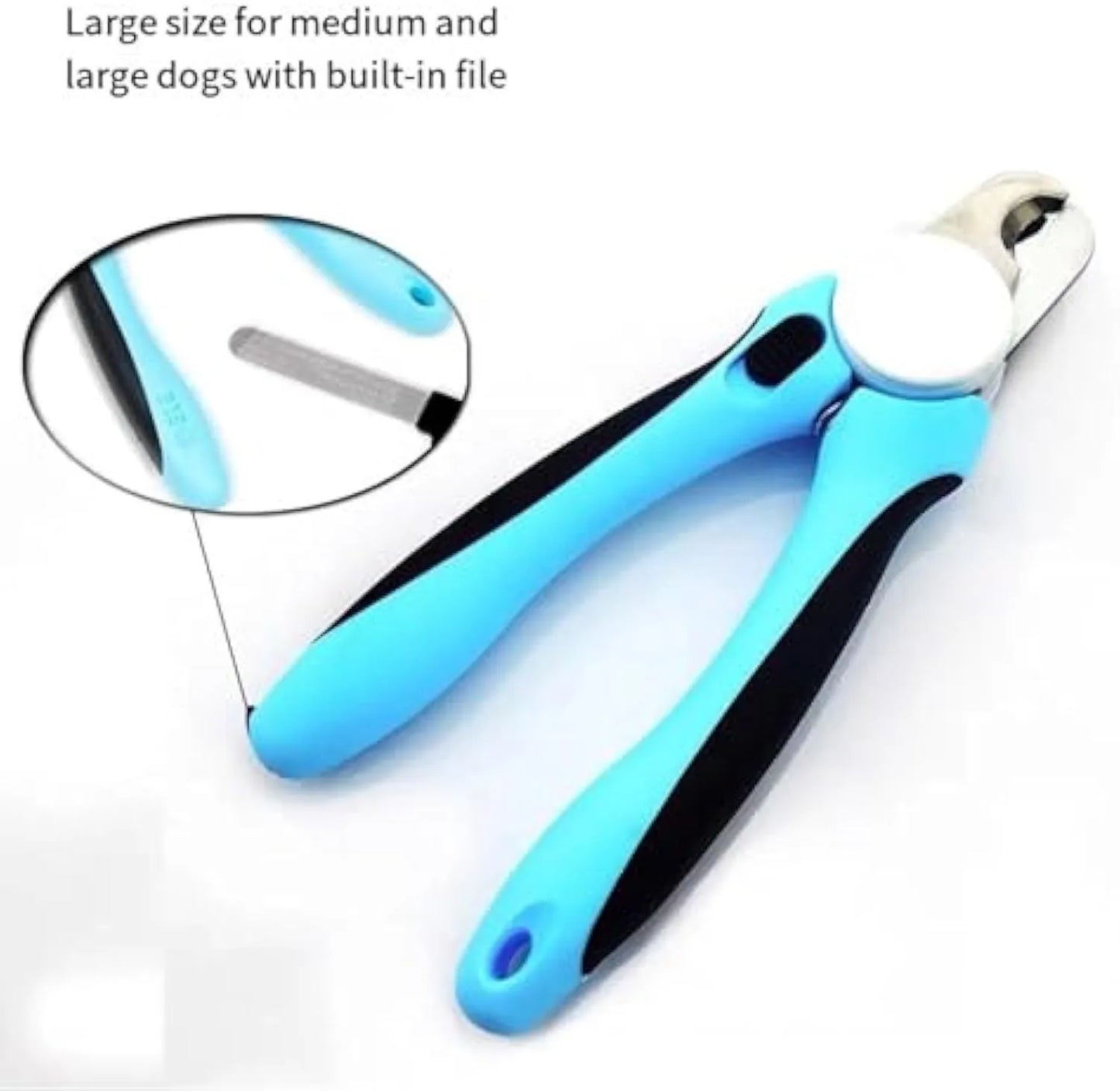 Blue heavy-duty dog nail clippers with safety guard and ergonomic non-slip handles on a white background.