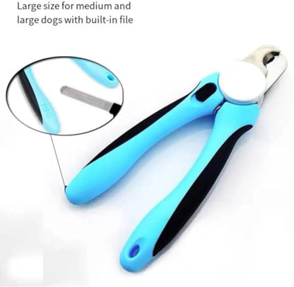 Blue heavy-duty dog nail clippers with safety guard and ergonomic non-slip handles on a white background.