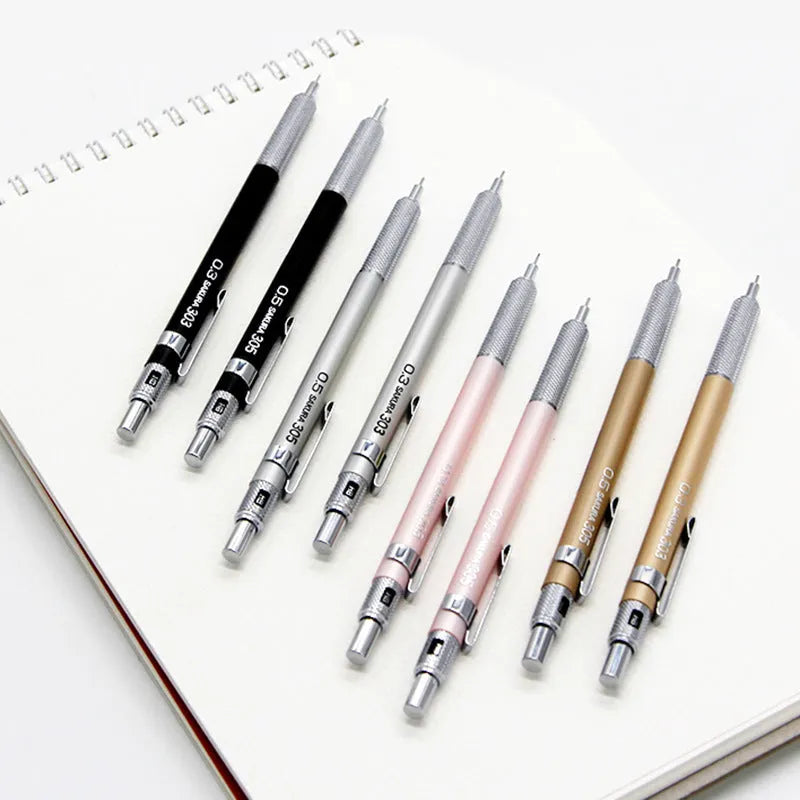 Japanese cherry blossom mechanical pencil with metal rod mechanism for 0.5mm or 0.3mm lead refills in gold, silver, black, or pink colour options with a substantial 142mm length and 174g weight for precise writing and drafting tasks