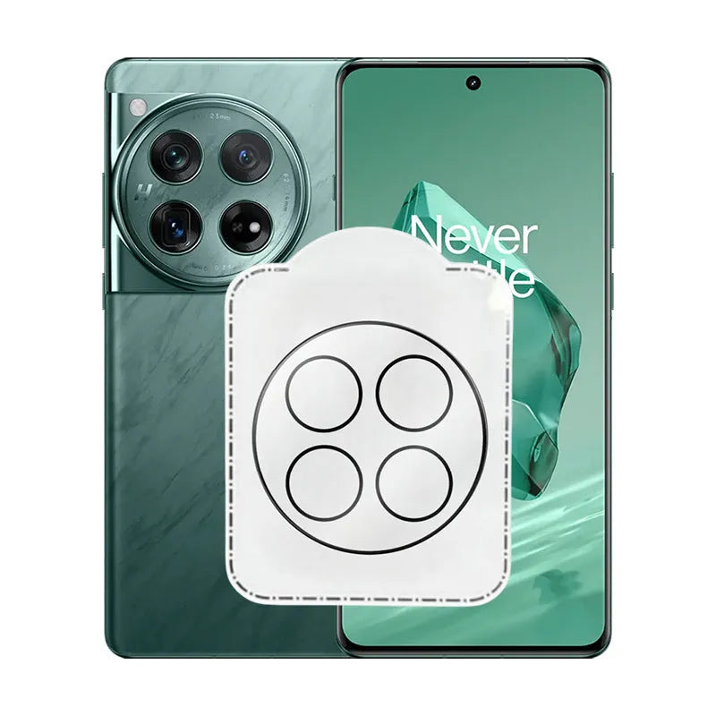 Tempered glass screen protector for OnePlus 12, Find N3, OnePlus 11 with large arc HD lens cutout and black ring.