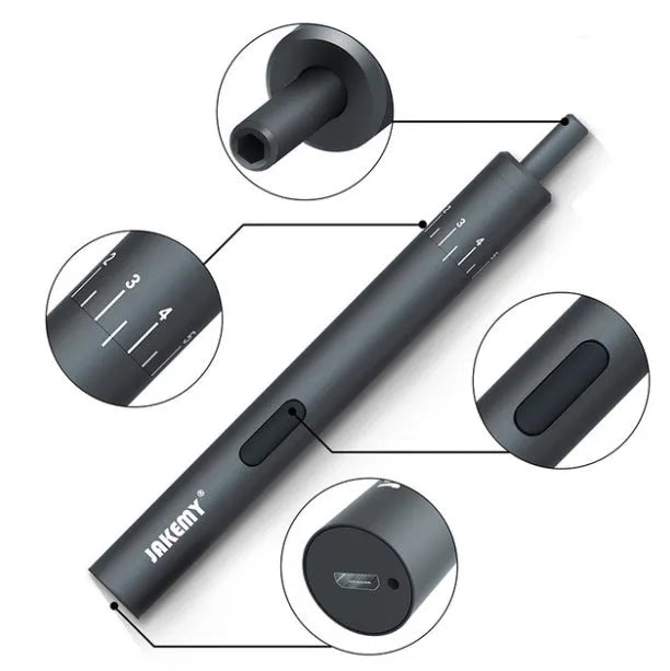 Black aluminium pen-type electric screwdriver with torque adjustment settings displayed on barrel