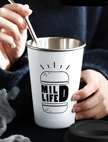 ROKEN stainless steel drinking cup with screw-on lid and reusable straw in COFFEE black colour