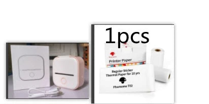 Compact Bluetooth-enabled thermal label printer in white, pink, and green colors with various label options