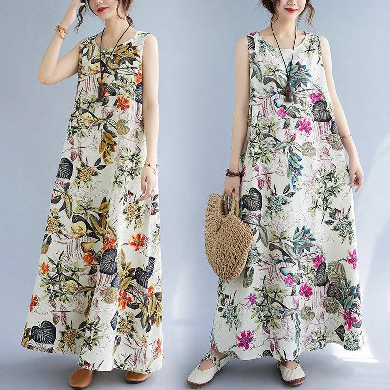 Elegant cotton linen dress in classic colours, featuring a sleeveless design and a loose waist silhouette for a flattering fit.