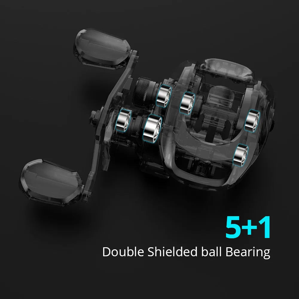 Drip wheel fishing reel for lure fishing available in left or right hand wheel models.
