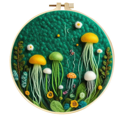 Round three-dimensional embroidery kit with linen fabric, wool felt pieces, and embroidery frame for 20x20 cm blanket painting