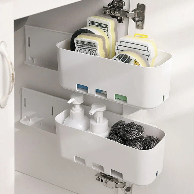 White retractable kitchen cabinet storage rack with hole-free installation