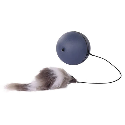 Interactive cat toy with ball and plush mouse design in blue and orange colours