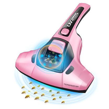 Pink handheld UV vacuum cleaner for mattress mite elimination with 0.3L capacity