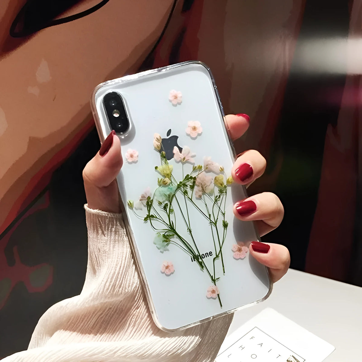Handmade clear TPU iPhone case with preserved dried flowers in epoxy resin, flower pink colour
