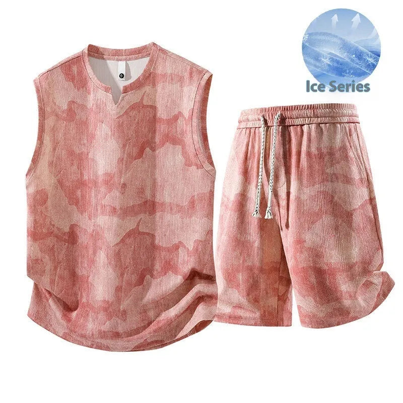 Two-piece suit for larger sizes made from quick-drying hemp and polyester fabric in sleeveless vest design with casual fifth pants length available in black blue, light denim blue and pink colours