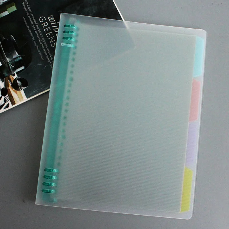 B5 size loose-leaf notebook refill with PP plastic shell in assorted colours: blue, green, pink, yellow, transparent.