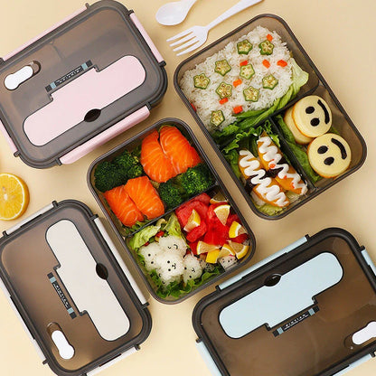 Premium plastic bento lunch box with flexible lock-catch design, microwave-safe, and vibrant colour options for work, travel, and outdoor activities