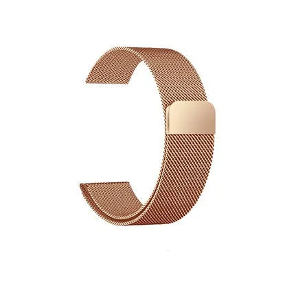 Stainless steel Apple Watch strap in silver on a wrist, showing the metal links and secure clasp.