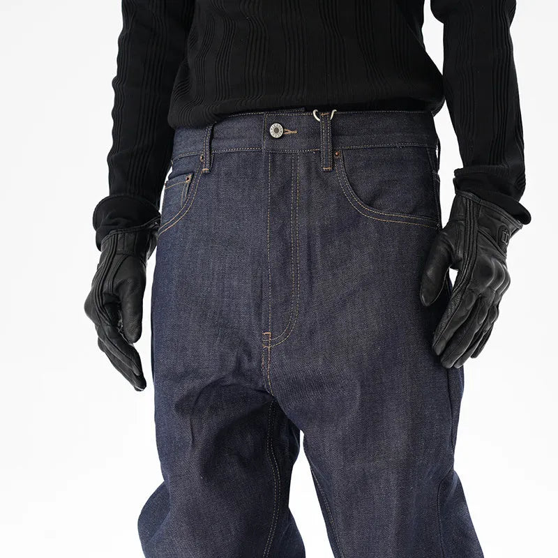 Men's dark blue loose straight-leg denim jeans laid flat, showing front view.