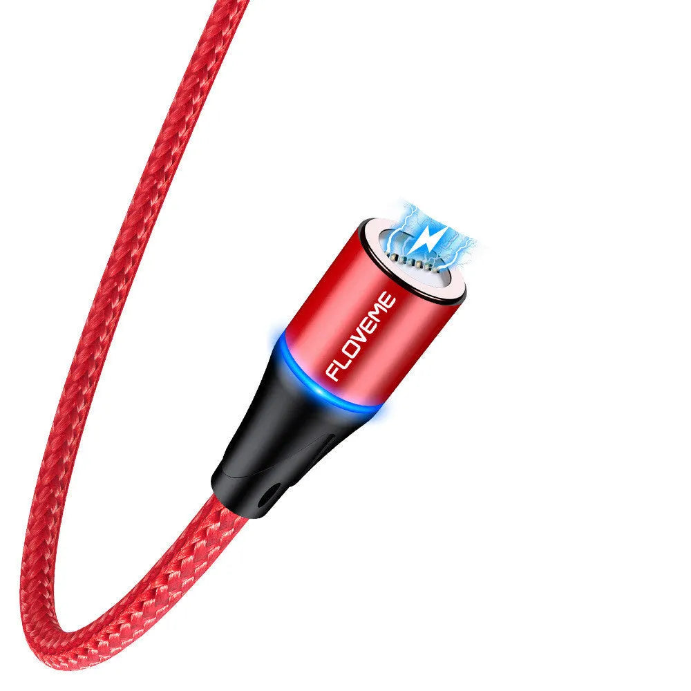 Black magnetic fast charge cable with LED light and three interchangeable tips for iPhone, Android, and Type-C connectors