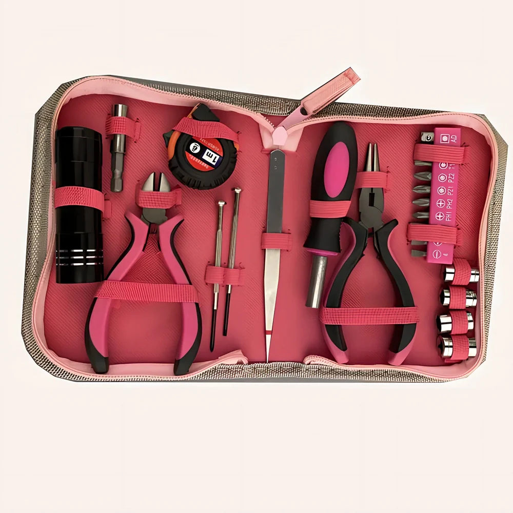 23-piece home repair tool kit in black case with chromium vanadium steel pliers, sockets, flashlight, and screwdrivers, dimensions 173x125x38 mm, 0.5 kg weight
