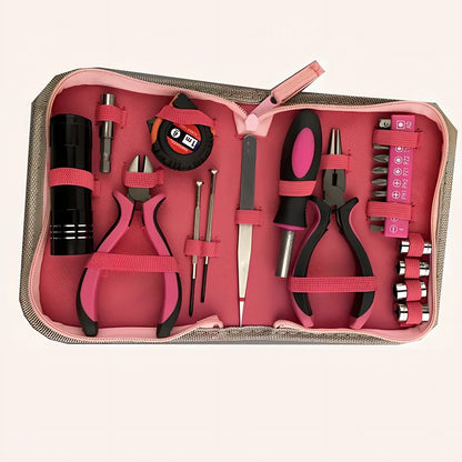 23-piece home repair tool kit in black case with chromium vanadium steel pliers, sockets, flashlight, and screwdrivers, dimensions 173x125x38 mm, 0.5 kg weight