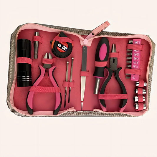 23-piece home repair tool kit in black case with chromium vanadium steel pliers, sockets, flashlight, and screwdrivers, dimensions 173x125x38 mm, 0.5 kg weight