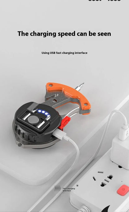 Multifunctional keychain flashlight with window breaker and screwdriver, showing Type-C charging port and LED display.