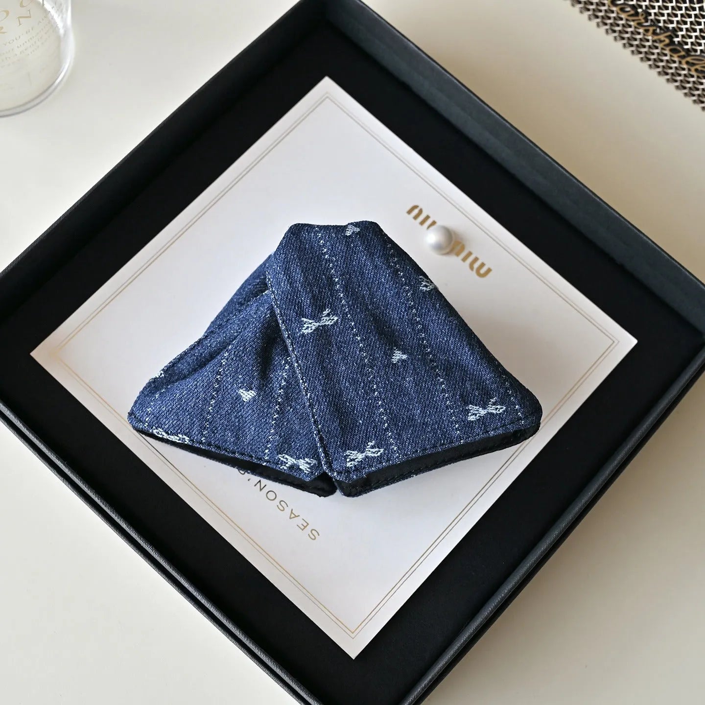 Korean style embroidered denim barrette shark clip in dark blue and smalt colours for women's updos.