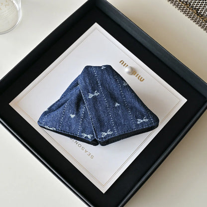 Korean style embroidered denim barrette shark clip in dark blue and smalt colours for women's updos.
