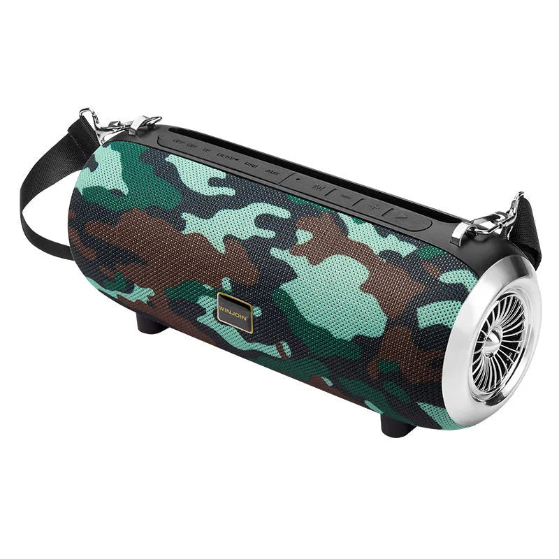F666 portable mini Bluetooth speaker in fabric mesh with shoulder strap and extended FM antenna.