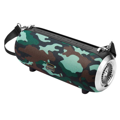 F666 portable mini Bluetooth speaker in fabric mesh with shoulder strap and extended FM antenna.