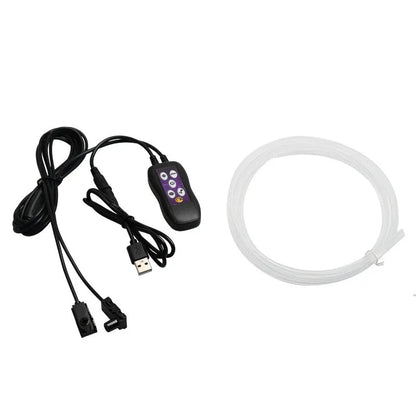 Car USB LED atmosphere lamp showing colour-changing lights installed on centre console and instrument panel