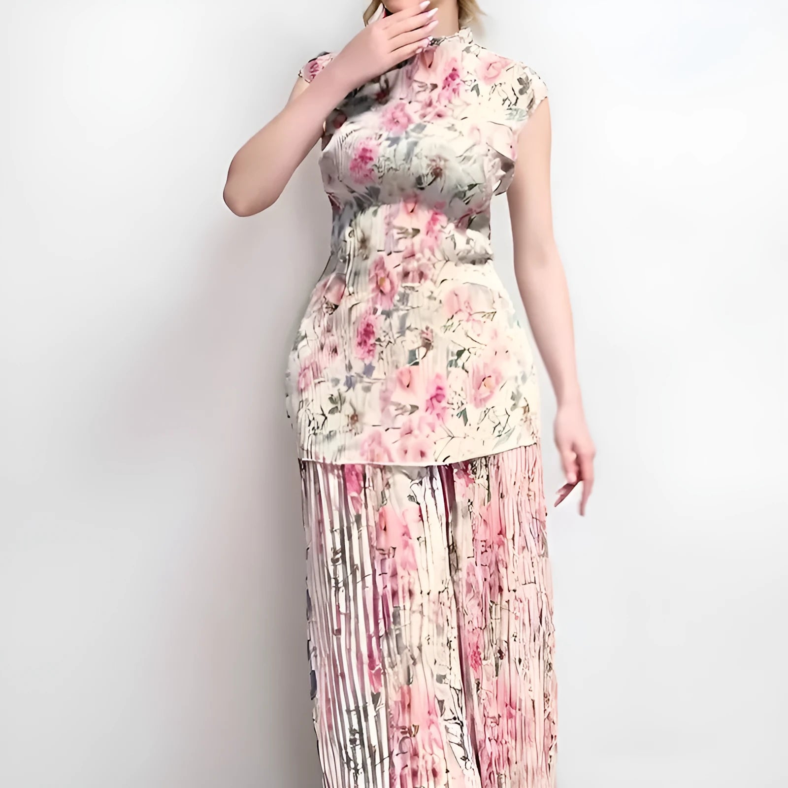 Long sleeve printed chiffon dress with high waist, showing skirt and top as a two-piece set in picture colour.