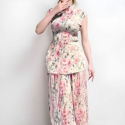 Long sleeve printed chiffon dress with high waist, two-piece set including skirt and top, in picture colour