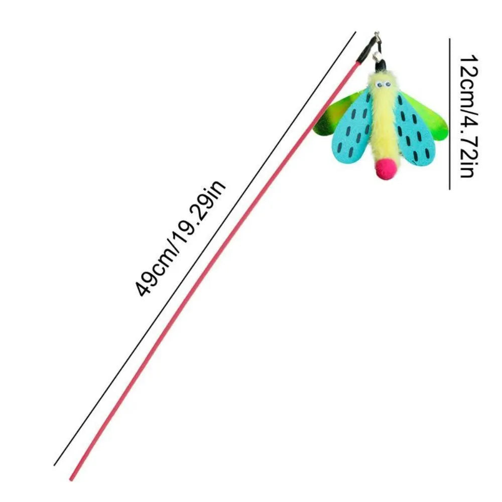 Cat wand toy with dragonfly attachment and bell on 49 cm blue ABS stick
