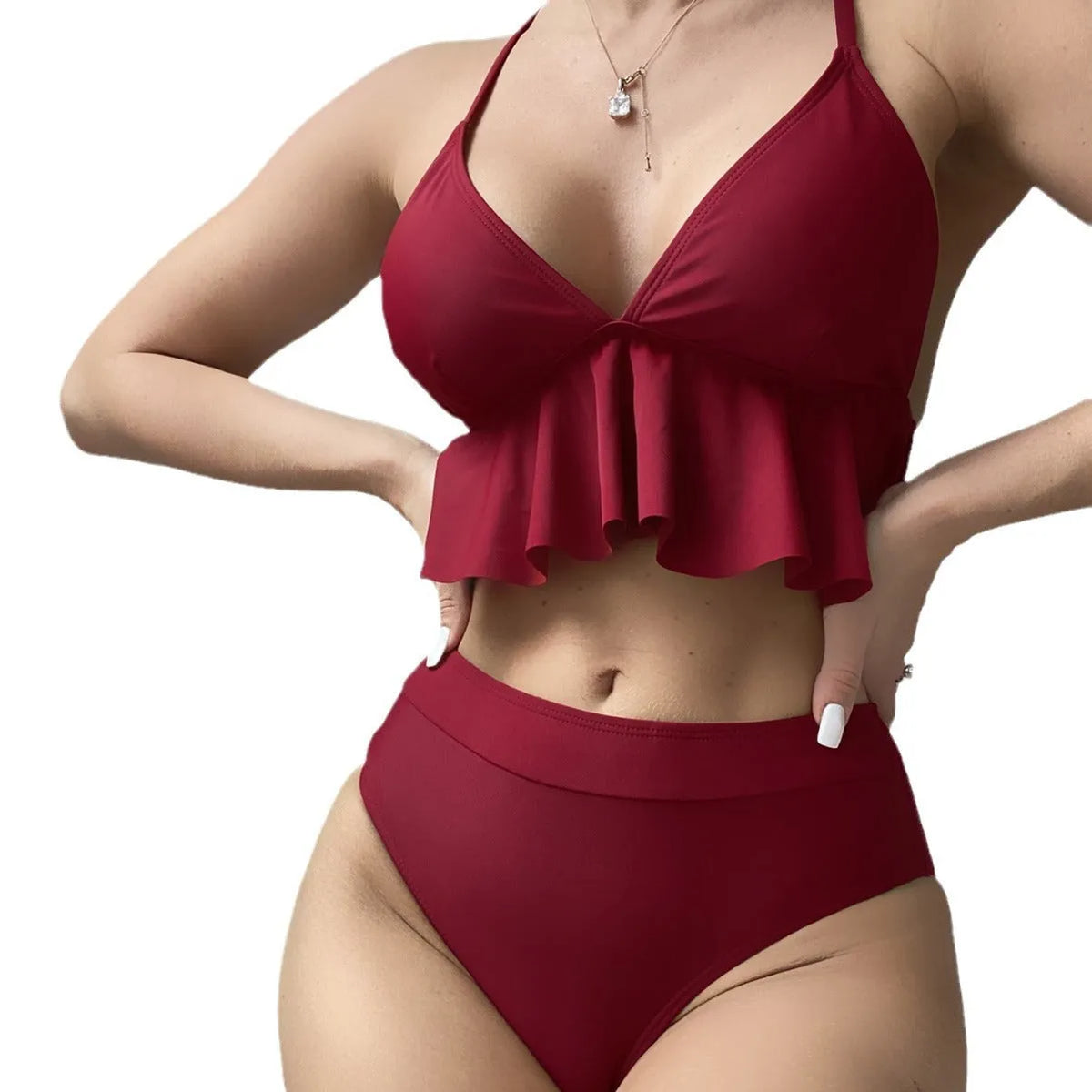 Women's solid colour split bikini swimsuit in black, army green, brick red or blue
