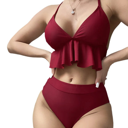 Women's solid colour split bikini swimsuit in black, army green, brick red or blue