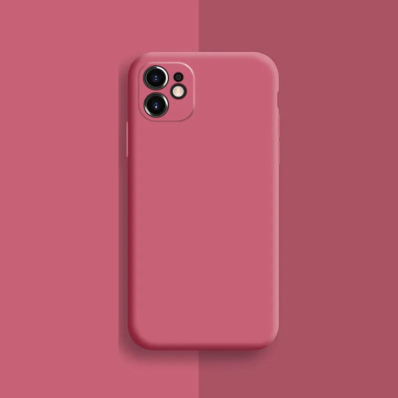 Silicone iPhone 11 Pro Max case in solid colour options including begonia, black and camellia red