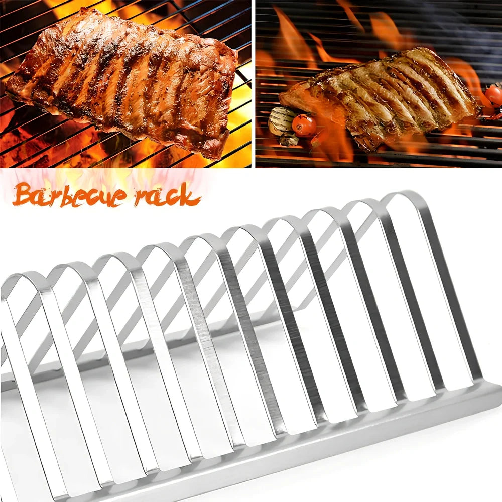 Silver stainless steel barbecue rib rack, 31cm long, elevated design for even grilling of multiple meats