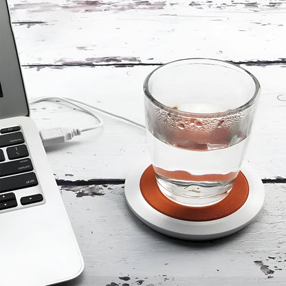 High temperature heating coaster with USB interface in black, blue, or orange PU artificial leather
