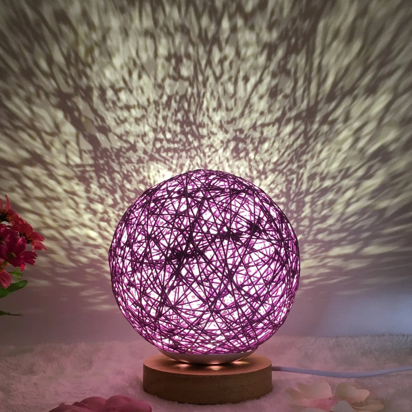 LED rattan table lamp with hand-knit linen shade in various colours