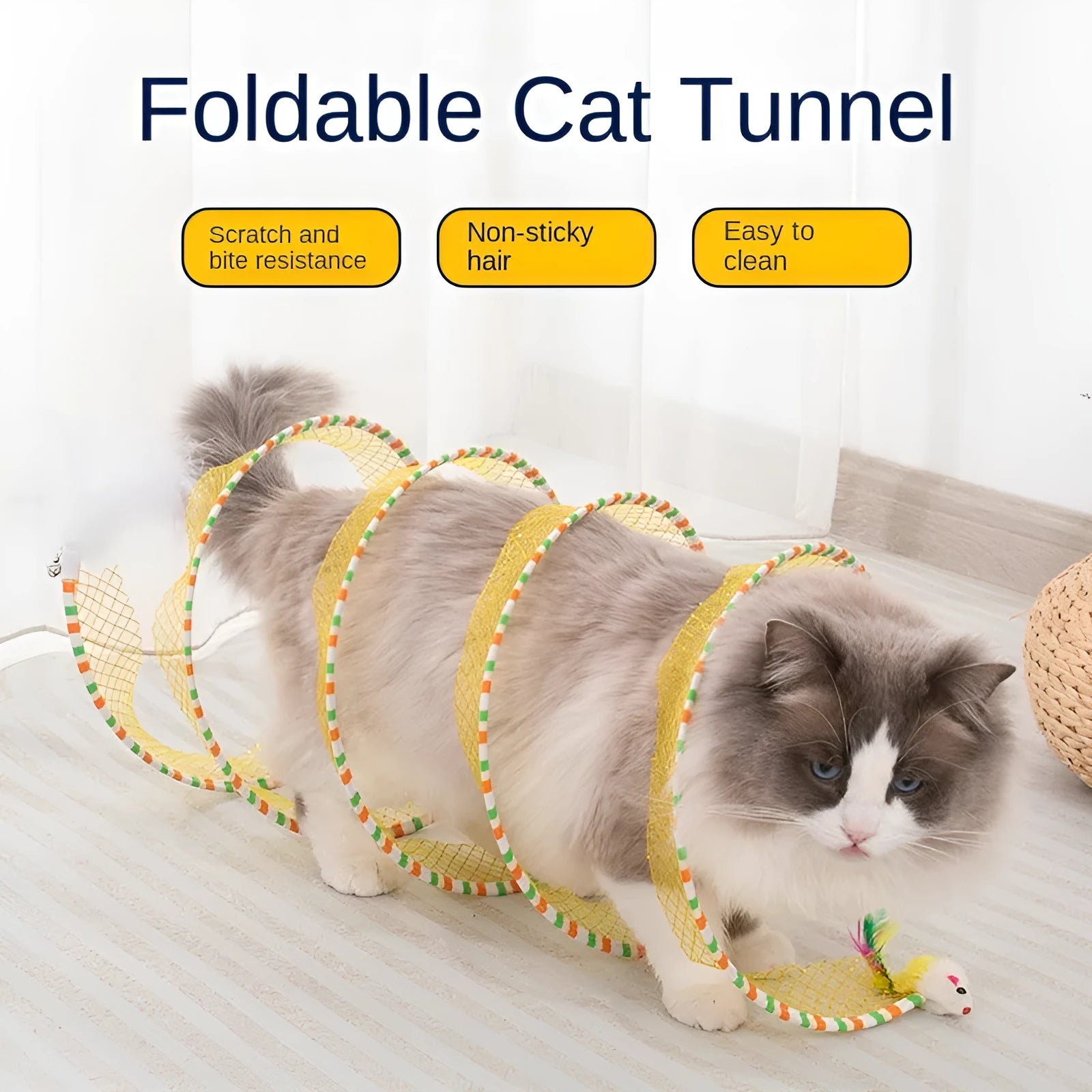 Blue cat tunnel with long pole feather teasing stick toy for cats on a floor.