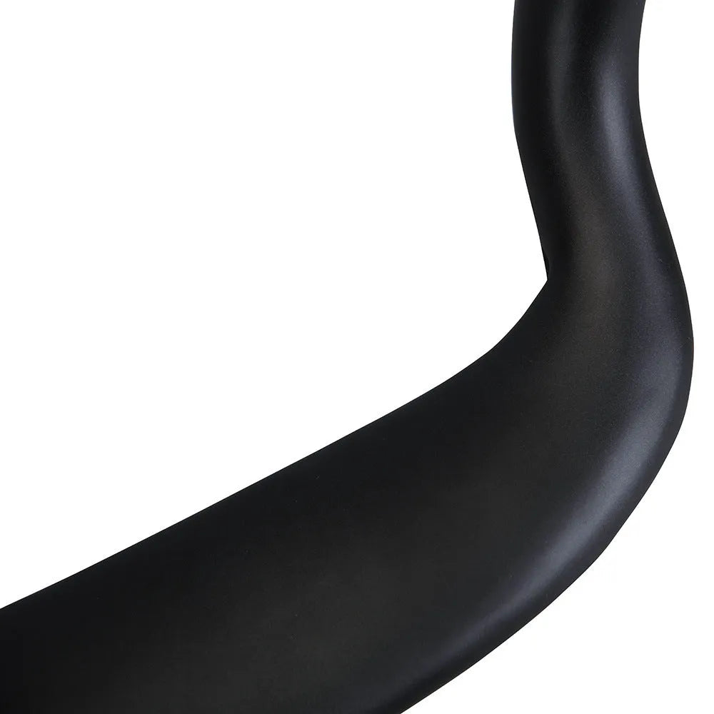 Black carbon fibre bicycle handlebar with large-angle bent outer swing design showing three width options